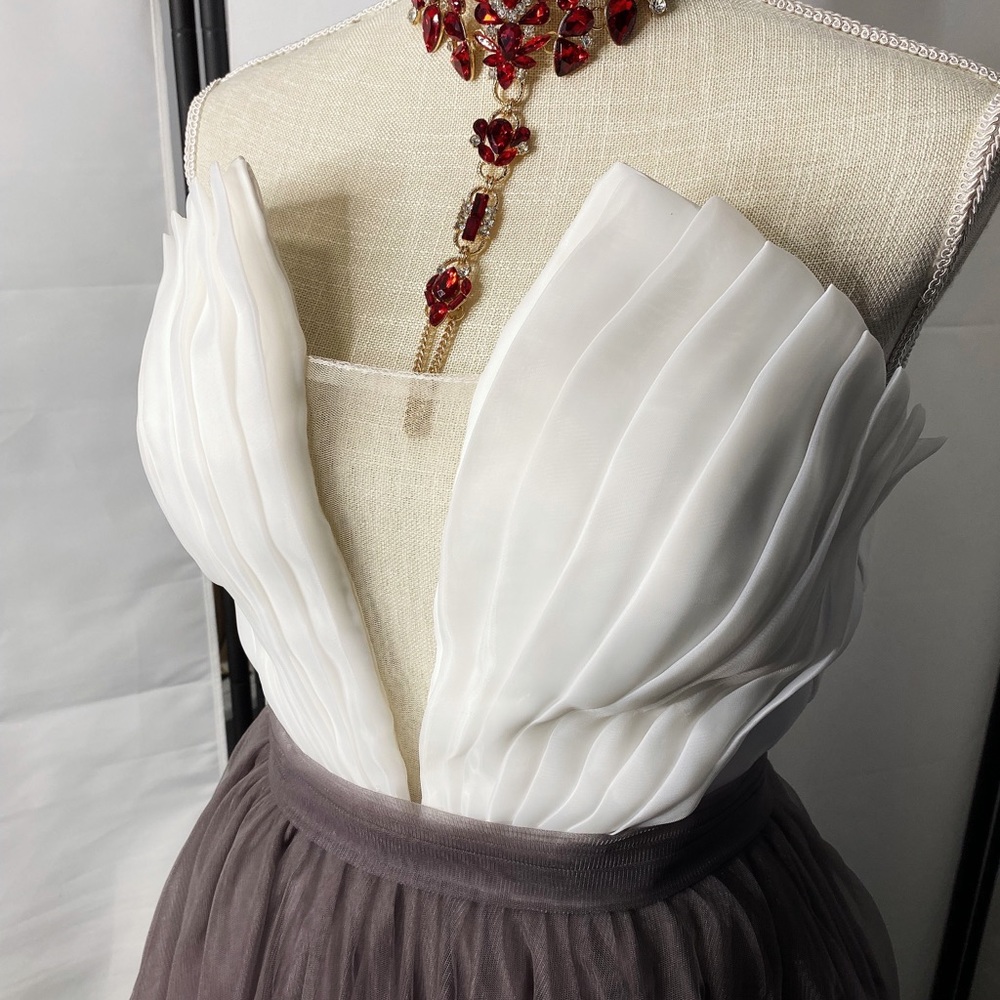 Elegant White Pleated Bodice Prom Dress with Taupe Skirt